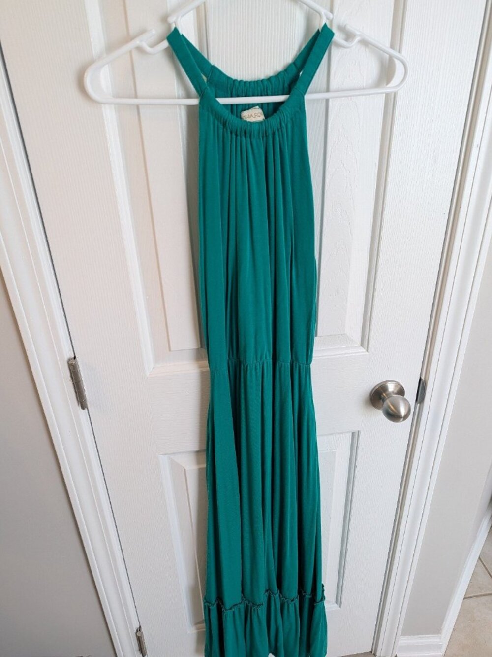 Cynthia rowley emerald green spring halter neck stretch flowy maxi dress pockets